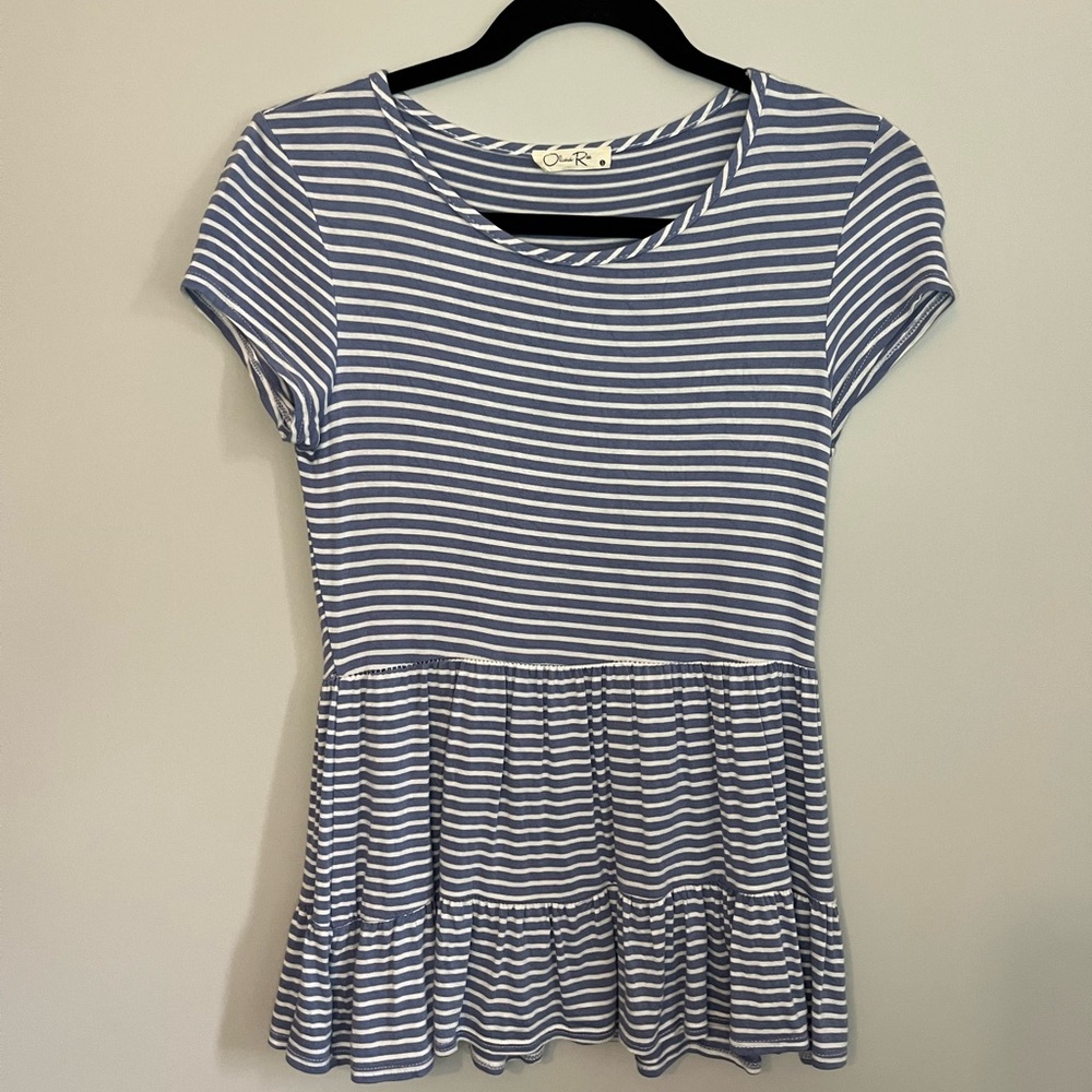 Blue & White Striped Flowy T-Shirt - Small